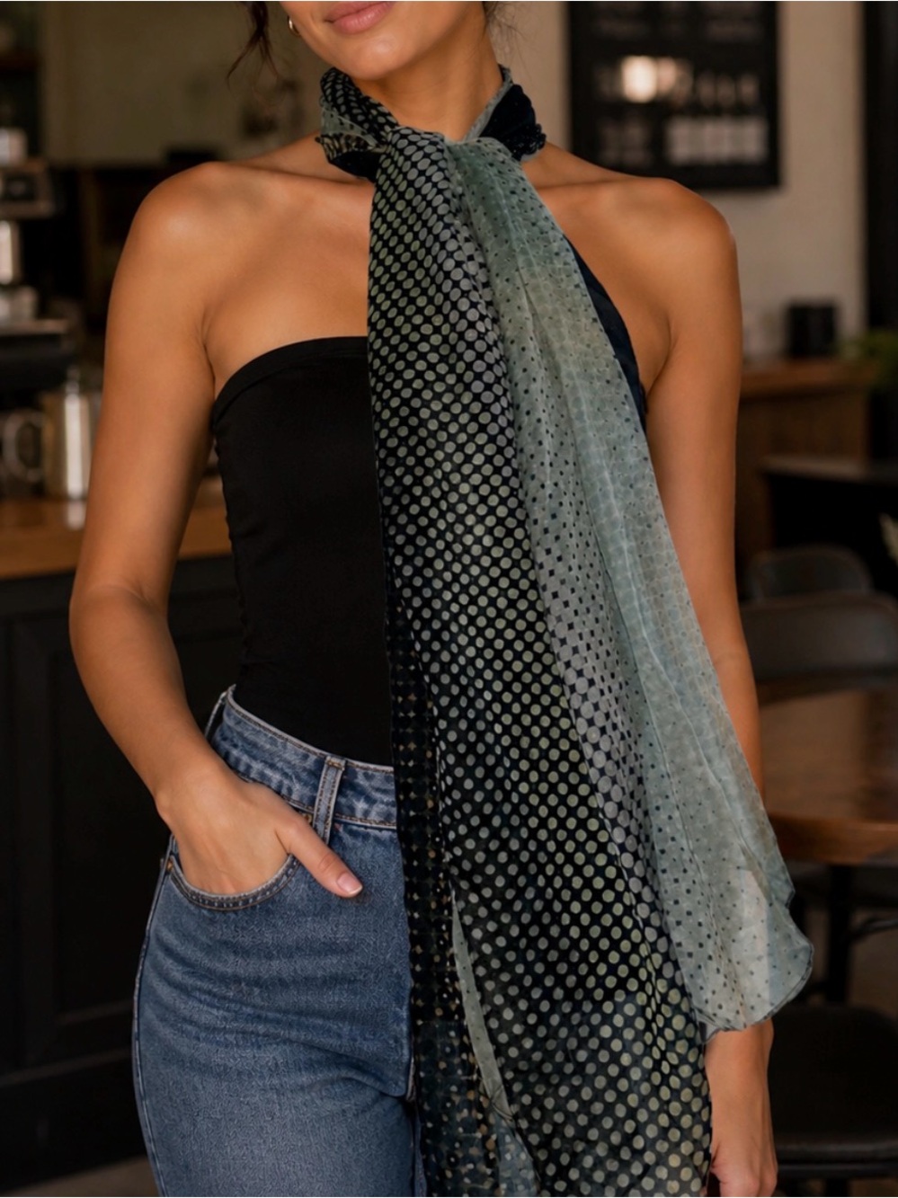Light Blue Polka Dot Velvet Scarf - Women's Accessory